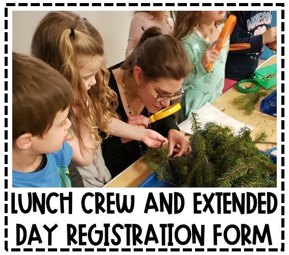 image of students and teacher looking closely at some pine tree branches in a classroom