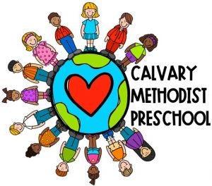 Clipart of a globe with kids standing around it. Text reads Calvary Methodist Preschool