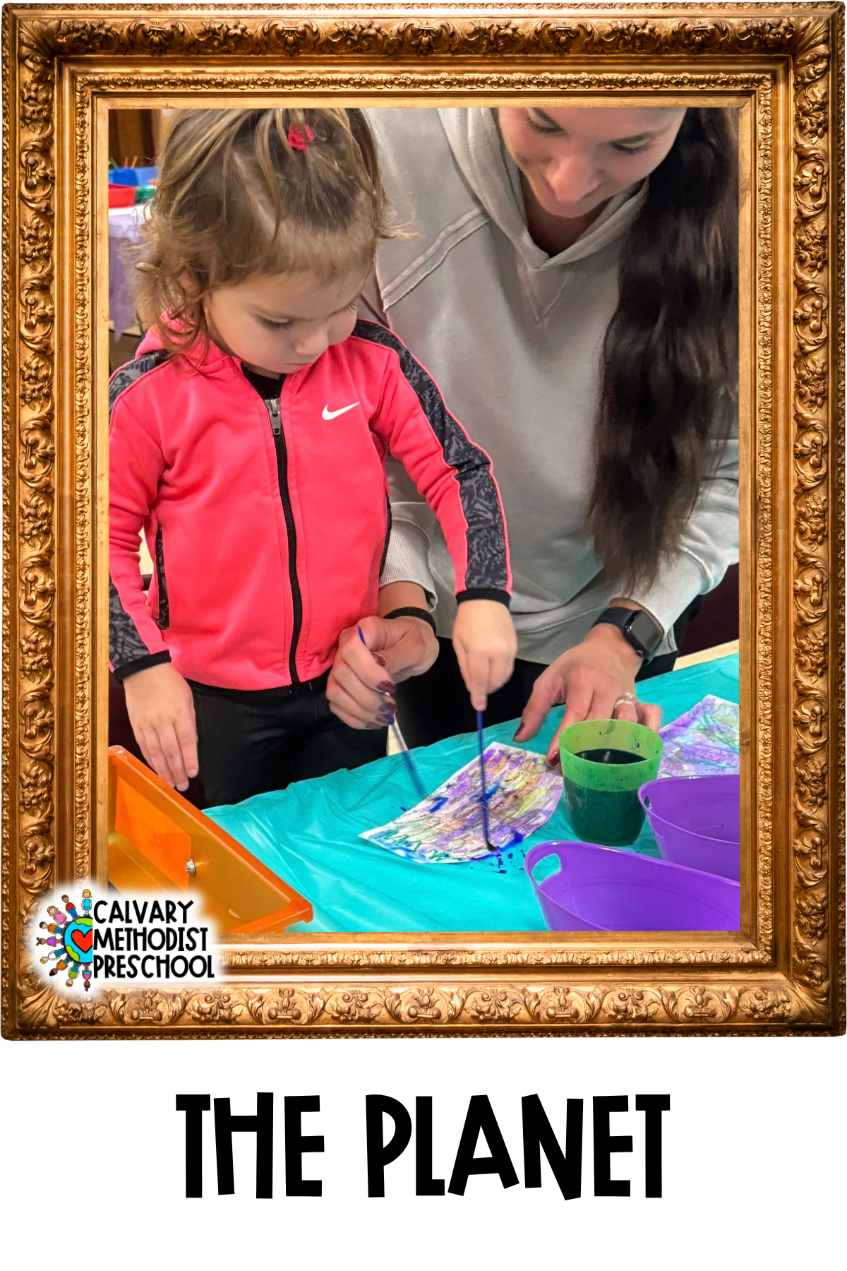 Calvary Methodist Preschool, Latham NY, Family Art Night Image of a young girl painting an arch shape with liquid watercolor paint.
