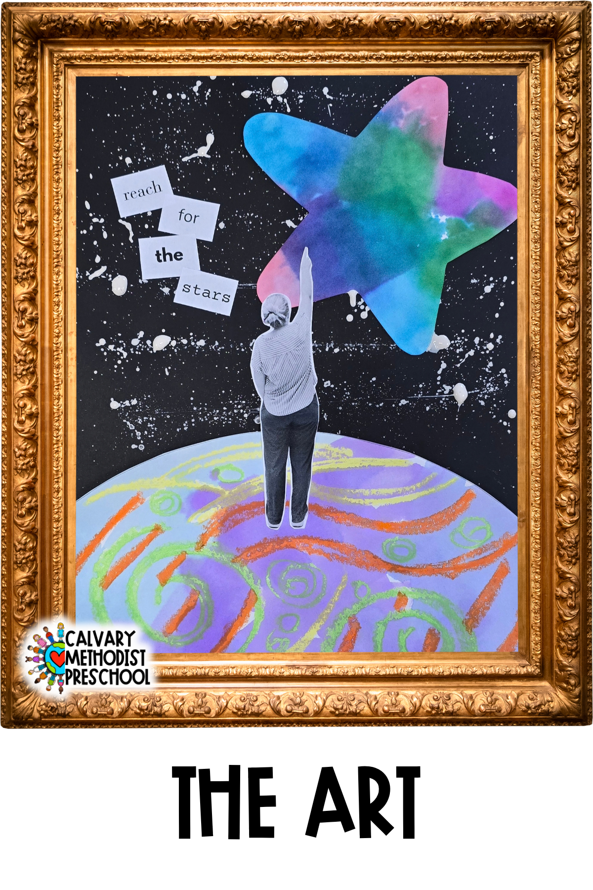 image of a completed art piece, with a large star in the top right corner, the words reach for the stars in the top right, an image of a person pointing up to the star and a planet at the bottom of the page
