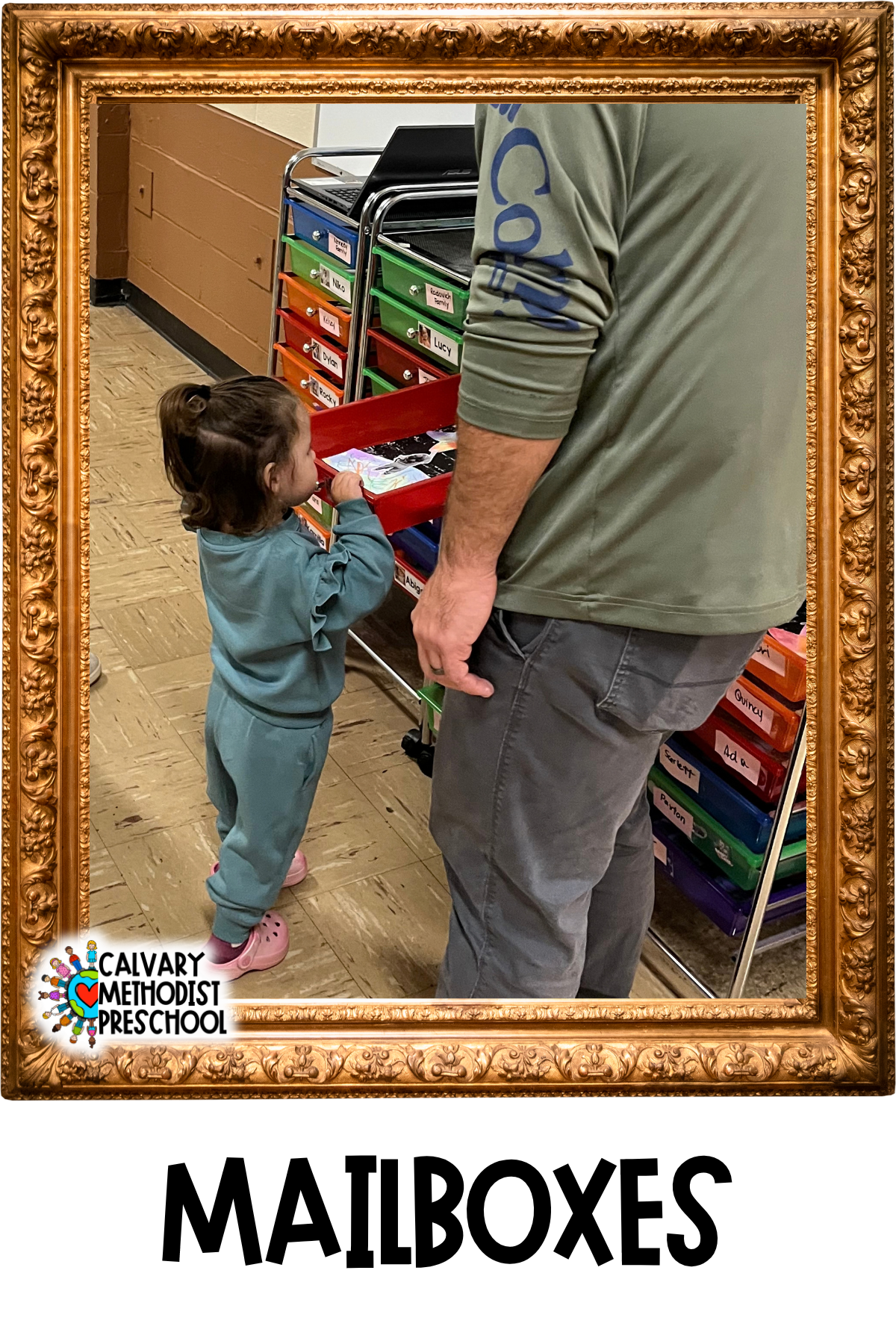 image of a young girl placing a mailbox bin into a stack of drawers